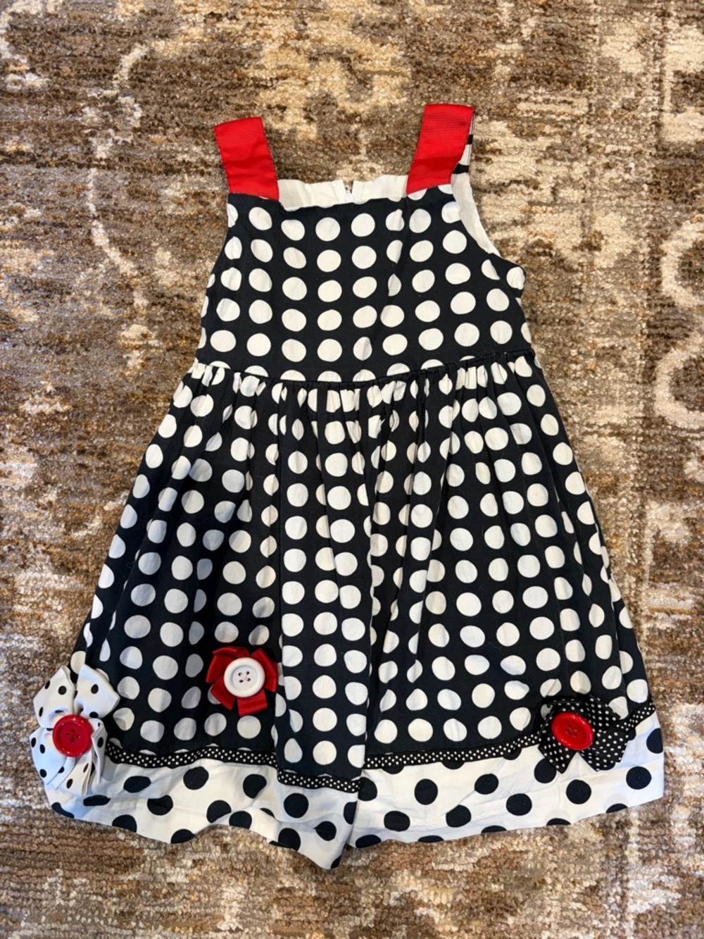 Bonnie Jean Black & White Polka Dot Dress with Red Trim